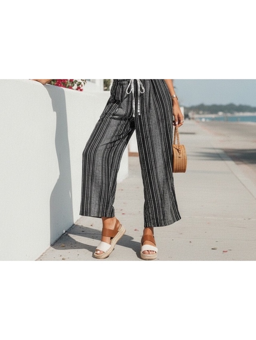 Camellia Striped Wide-Leg Drawstring Pants Medium Black White